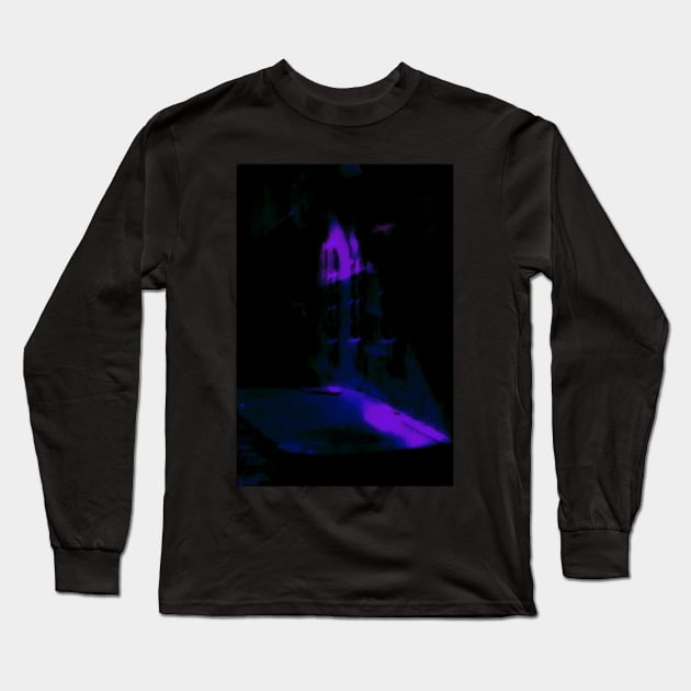 Special processing. Person walking at night, on dark street, with stone walls. Blue. Long Sleeve T-Shirt by 234TeeUser234